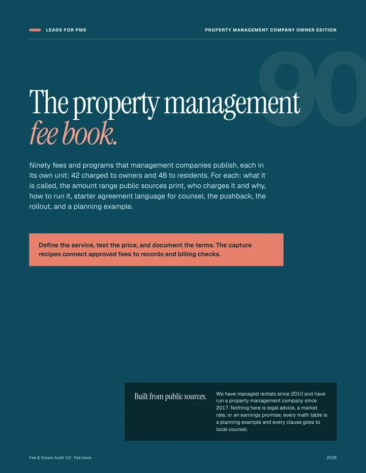 Cover of The Property Management Fee Book by Leads for PMs